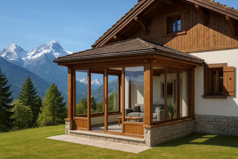 Extension véranda maison traditionnelle Savoie